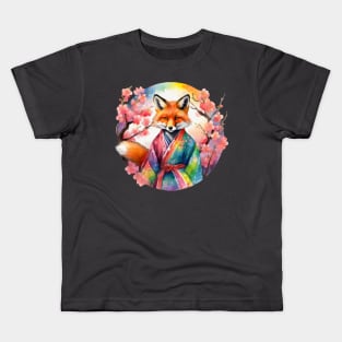 Vibrant Rainbow Kimono Kitsune with Cherry Blossoms Kids T-Shirt